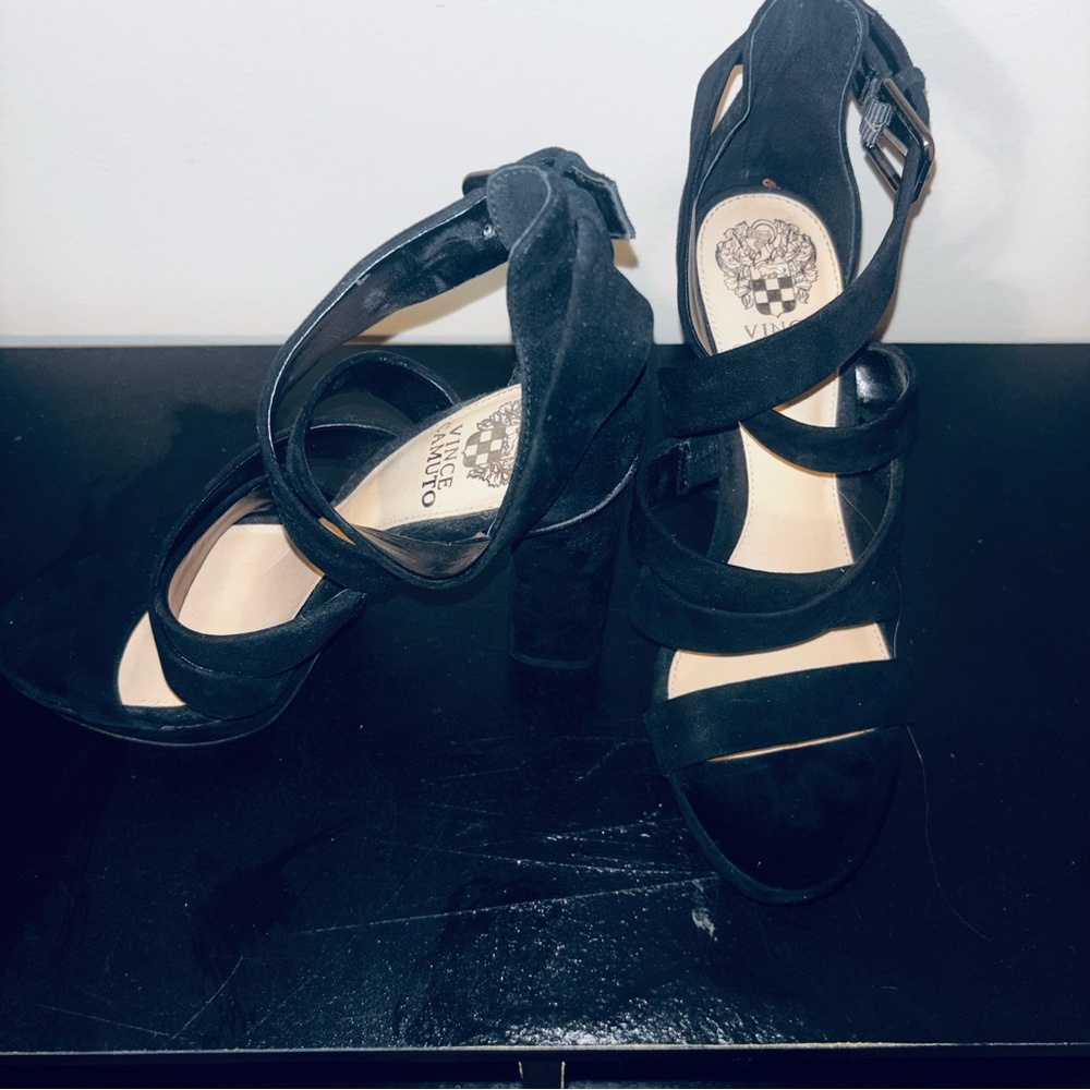 Vince Camuto Black Suede Multi-Strap Block Heel Sandals